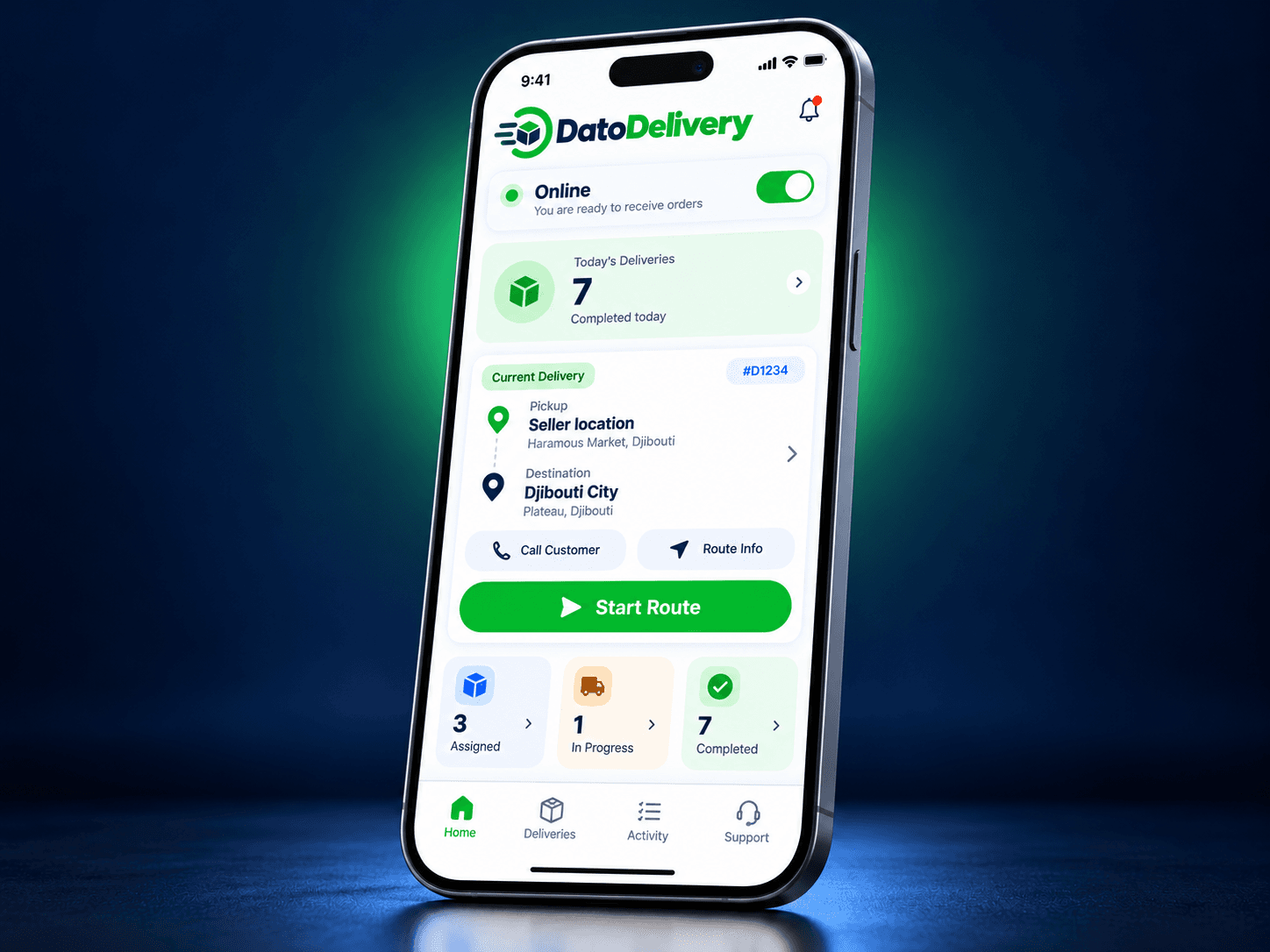 Dato Delivery Rider mobile application mockup.