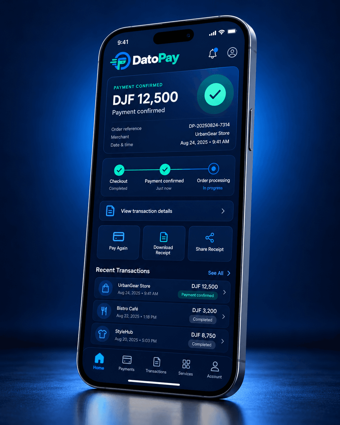 DatoPay checkout and transaction application mockup.