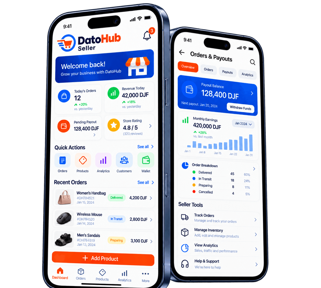 The DatoHub seller app showing the dashboard with today's orders and revenue, and the orders and payouts screen