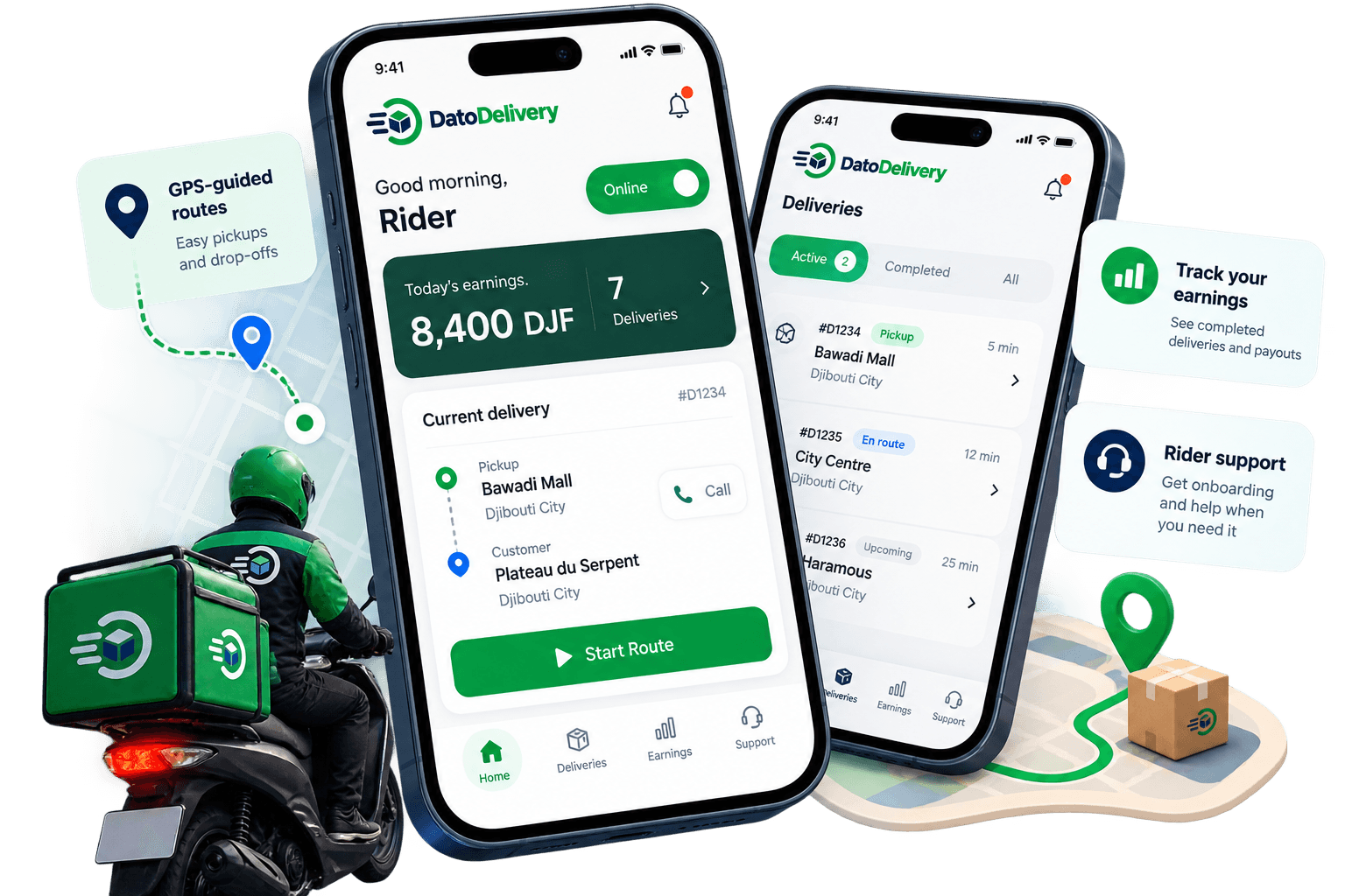 The Dato Delivery rider app showing active deliveries and route guidance, with a rider on a delivery scooter