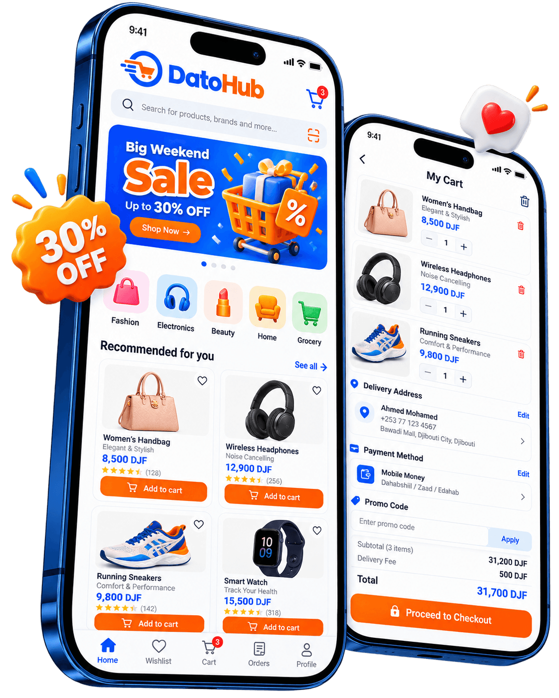 The DatoHub buyer app showing the home screen with categories and featured products, and the cart and checkout screen