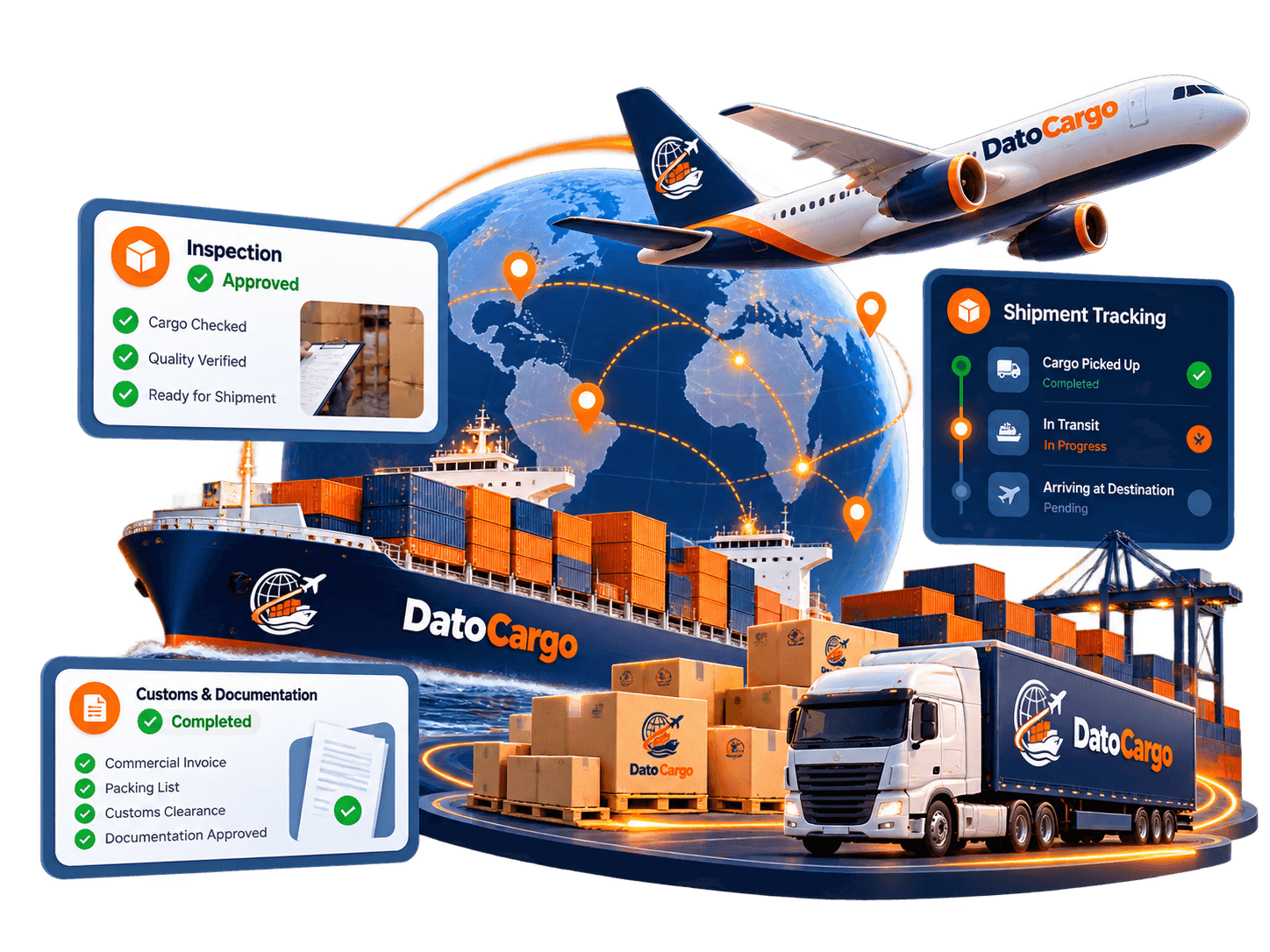 DatoCargo freight coordination mockup showing cargo inspection, shipping documentation and shipment tracking across air, sea and road transport.